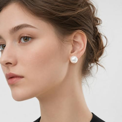 ZLP Oversize 14/12/10mm Classic Round Strong Light Simulated Shell Pearl Earrings 14K Gold Plated Sterling Silver Stud Big Pearl Earrings for Women, - color: Saltwater pearls, size: 14 MM