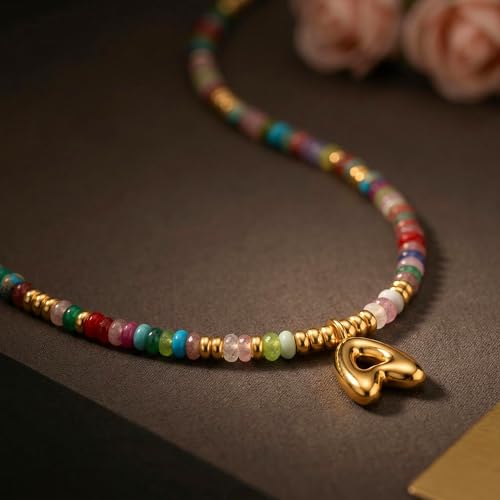 YOUFENG Initial Letter Necklaces for Women Colorful Beaded Gemstone Choker 14K Gold Plated Bubble Letter Pendant Necklace Natural Stone Handmade Jewelry Gift - color: A