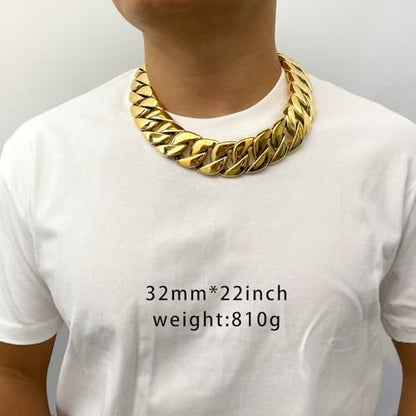SDA Wide Chunky Gold Chain Necklace - Heavy and Waterproof 316L Surgical Steel with 18K Gold Plating for Modern Men and Women into Hip Hop Fashion - color: B476-32mm-Gold