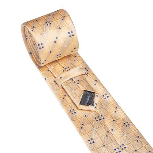 YOHOWA Men Plaid/Striped Ties Clip Set Silk Necktie Pocket Square Cufflinks | Woven Classic,Formal/Casual Mens Tie,Pocket Square Cufflinks Set,Luxury,Business,Wedding,Party,Prom,Graduation - color: Champagne