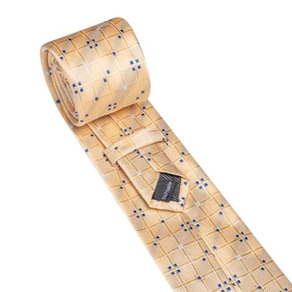 YOHOWA Men Plaid/Striped Ties Clip Set Silk Necktie Pocket Square Cufflinks | Woven Classic,Formal/Casual Mens Tie,Pocket Square Cufflinks Set,Luxury,Business,Wedding,Party,Prom,Graduation - color: Champagne