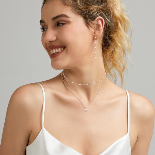 HERIER Gold Jewelry Set for Women - Dainty 14K Gold/Silver Plated Pearl Choker Necklace, Drop Earrings & Bracelets - Wedding Trendy Pearl Jewelry Gift - color: Pearl Jewelry Set-Silver