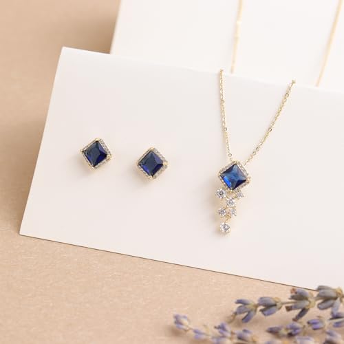 Gold Silver Stud Earrings Pendent Necklace Sets for Women, Dainty Rhinestone Crystal Necklace Earing Jewelry Set Wedding Accessories Fashion Holiday Gift - color: blue Navy rhinestone