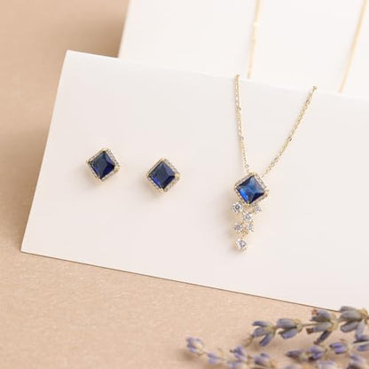 Gold Silver Stud Earrings Pendent Necklace Sets for Women, Dainty Rhinestone Crystal Necklace Earing Jewelry Set Wedding Accessories Fashion Holiday Gift - color: blue Navy rhinestone