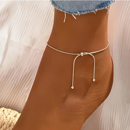 Gold Anklet for Women Adjustable Slider Ankle Bracelet Dainty Snake Chain Foot Jewelry Waterproof Summer Beach Anklets Gifts - color: Silver