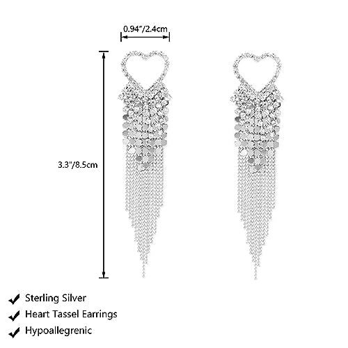 Luxval Rhinestone Earrings Dangling for Women Sparkly Silver Dangle Earrings Girls Long Chandelier Earrings Tassel Lightweight Ear Studs Cubic Zirconia Crystal Statement - color: Silver-Heart Tassel Crystal
