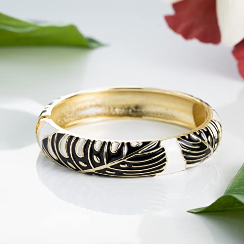 Hawaiian Monstera Luau Leaves Hinged Clasp Fashion Enamel Bangle Bracelet - color: White