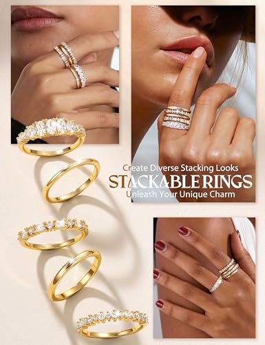 Tungary Gold Stackable Rings for Women Non Tarnish, Wedding Bands Set | Hypoallergenic 5 PCS Cubic Zirconia Ring Set, Promise Engagement Wedding Ring Stack, Trendy Statement Thumb Rings Size 5-10 - color: Dainty-14K Gold Plated