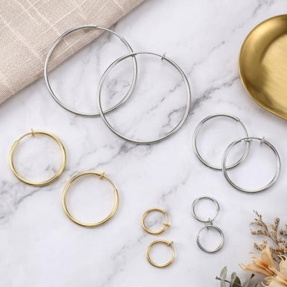 5 Pairs Clip On Hoop Earrings for Women, Silver Gold Clip on Earrings Stainless Steel No Piercing Fake Hoop Earring for Non-Pierced Ears 15mm 30mm 50mm