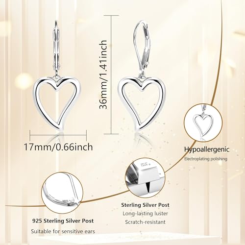14K Gold Plated 925 Sterling Silver Openwork Love Heart Dangle Earrings, Leverback Huggie Hoop Hypoallergenic Trendy Earrings for Women - color: 925 Silver