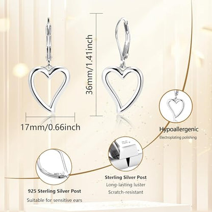 14K Gold Plated 925 Sterling Silver Openwork Love Heart Dangle Earrings, Leverback Huggie Hoop Hypoallergenic Trendy Earrings for Women - color: 925 Silver