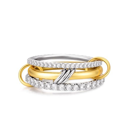 14K Gold Plated Interlocked Stackable Rings for Women Non Tarnish,Gold and Silver Cubic Zirconia Statement Rings Set,Mixed Metals Ring Two-Toned Connected Bands Stacking Jewelry - color: 2*silver rings & 1*gold ring