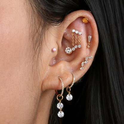 FINE4U 16G CZ Cluster Climber Cartilage Earring for Helix, Tragus - ASTM F136 Titanium Triple Marquise Labret Stud, Screw on Nickel Free Flat Back Jewelry - color: Five Marquise - Clear CZ - Gold