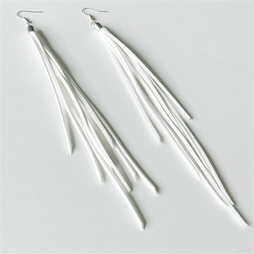Leather Tassel Earrings Bohemian Tassel Fringe Dangle Earrings Boho Handmade Leather Feather Long Tassel Earrings Western Jewelry for Women - color: White