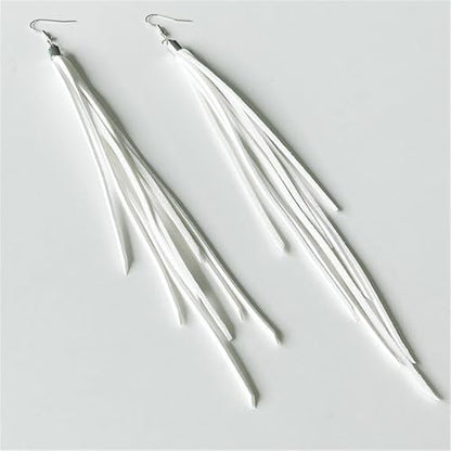 Leather Tassel Earrings Bohemian Tassel Fringe Dangle Earrings Boho Handmade Leather Feather Long Tassel Earrings Western Jewelry for Women - color: White