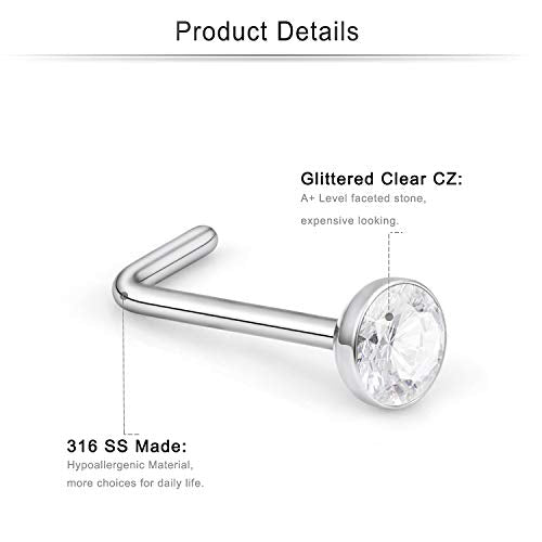 Cisyozi 18G 20G 22G Nose Rings and Studs - 316L Surgical Steel Hypoallergenic Piercing Jewelry for Women Men - L Shaped Straight Nostril Screw - Diamond CZ 1.5mm 2mm 2.5mm 3mm 12Pcs - style: L Shaped-22G-CZ 2mm