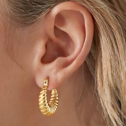 Gold Hoop Earrings for Women, 18K Gold Plated Chunky Huggie Hoop Earrings for Women Jewelry Gifts - color: Croissant Gold
