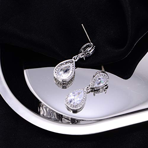 Pave Teardrop Earrings for Wedding Sterling Silver Double Pear Shaped CZ Cubic Zirconia Crystal Rhinestone Birthstone Dangle Earrings Bridal Jewelry for Bride Bridesmaids - color: Noble Silver