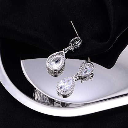 Pave Teardrop Earrings for Wedding Sterling Silver Double Pear Shaped CZ Cubic Zirconia Crystal Rhinestone Birthstone Dangle Earrings Bridal Jewelry for Bride Bridesmaids - color: Noble Silver