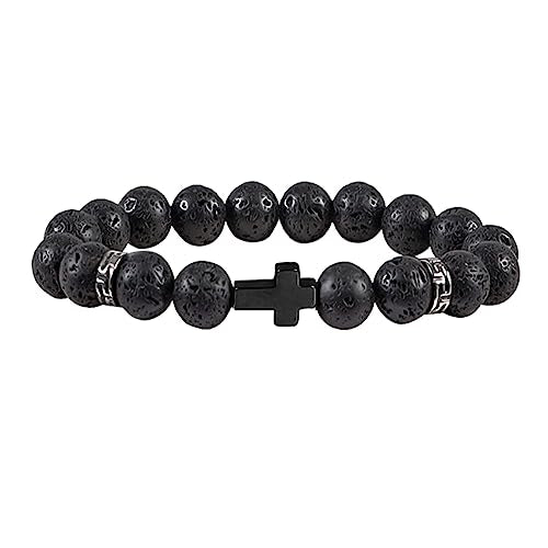 8mm Cross Beads Wooden Bracelet for Men Women Healing Lava Rock Stretch Bracelets Set - color: D: Cross Bracelet Lava Rock
