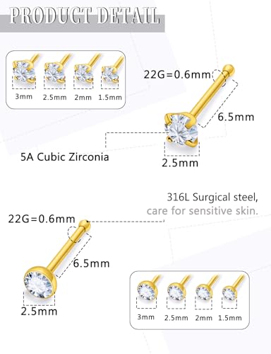 18G 20G 22G Round Cubic Zirconia Nose Rings Studs for Women Men 316L Stainless Surgical Steel Nose Ring Stud Piercing Jewelry Silver Gold Clear CZ 1.5mm 2mm 2.5mm 3mm - style: 22G Straight Gold