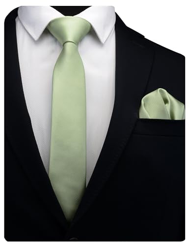 GUSLESON 2.4" Slim Necktie and Handkerchief Set For Men Solid Skinny Tie Set - color: Dark Sage Green