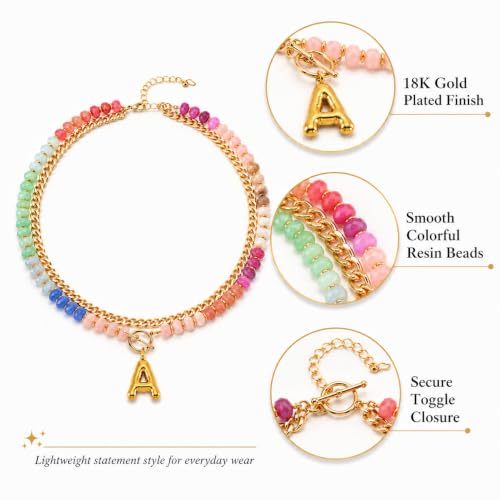 Colorful Beaded Bubble Letter Necklace For Women, Boho Double Layer Dopamine Rainbow Resin Beads Thick Cuban Chain Chunky With Initials Pendant Necklaces Summer Beach Jewelry Gift ﻿ - color: Dop T