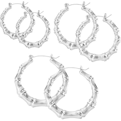 PAGOW 3 Pairs Large Bamboo Earrings, Silver Plated Hoop Bamboo Earrings | Round Hoop Y2K Earrings, Hypoallergenic 80s 90s Shiny Hip Hop Earring Hoops for Women Jewelry Party - 3 Sizes - color: silver,hoop 3 sizes