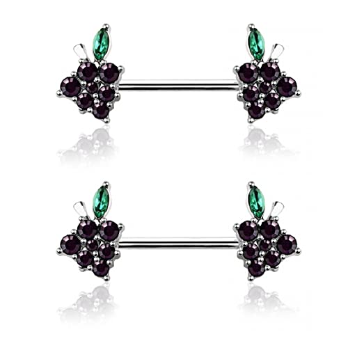 Pierced Owl 14GA 316L Stainless Steel CZ Crystal Grape Ends Nipple Barbells, Sold as a Pair