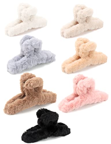 SEVEN LUCKY LIGHT Hair Clip, 7 Pcs 4.5" Fuzzy Claw Clips for Thick Hair, Cute Fuzzy Clip for Women Girls, Soft Hair Clips | Neutral Colors, for Kitchen, Makeup, Work, GYM or at Home, Outdoor, Works Well for Various Hair Types, Hold Hair Securely