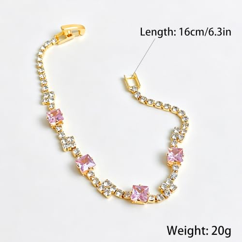 Women's Dainty Pink CZ Tennis Bracelet, 14K Gold Plated Sparkling Cubic Zirconia Chain Bracelet, Delicate Jewelry, Gift for Birthday, Wedding, Anniversary, Suitable for Party, Daily Wear - color: Pink