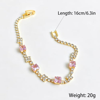 Women's Dainty Pink CZ Tennis Bracelet, 14K Gold Plated Sparkling Cubic Zirconia Chain Bracelet, Delicate Jewelry, Gift for Birthday, Wedding, Anniversary, Suitable for Party, Daily Wear - color: Pink