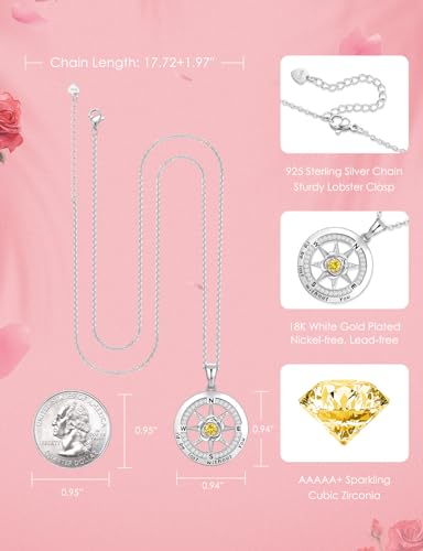 Meeshi Silver Compass Necklace for Women Birthday Gifts for Wife Anniversary Necklace for Women Rose Flower Birthstone Necklaces for Wife Jewelry for Womens Girlfriend Mom Daughter - style: 11-November-Citrine