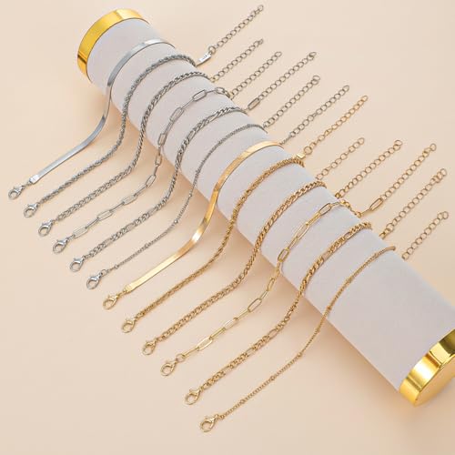 Ankle Bracelets for Women 12 Pcs Gold/Silver Plated Layered Cuban Link Chain Anklets Set Summer Boho Jewelry Anklets - style: 10 Chains & 2 Round Chains