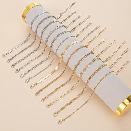 Ankle Bracelets for Women 12 Pcs Gold/Silver Plated Layered Cuban Link Chain Anklets Set Summer Boho Jewelry Anklets - style: 10 Chains & 2 Round Chains