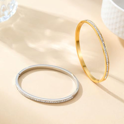 Gold Bracelets for Women, 18K Gold Plated Cubic Zirconia Bangle Bracelets Stainless Steel Eternity Crystal Oval Bracelet Cuff Bracelets for Women Jewelry - color: Half CZ Bangle-White Gold