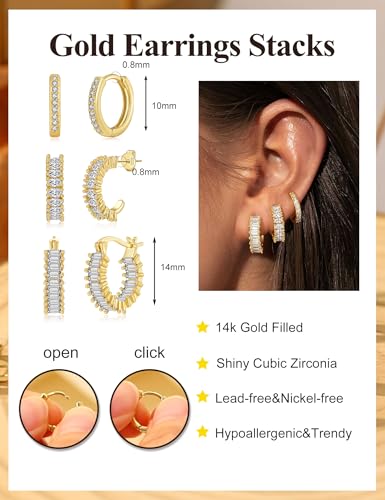 Small Gold Earring Stack Trendy 925 Sterling Silver Earrings for Women Hypoallergenic 14K Gold Plated Cubic Zirconia Stud Hoop Non Tarnish Huggie Hoop Earrings Set for Multiple Piercing Jewelry Gift - style: Gold: 3 Pairs of Shiny CZ Hoops