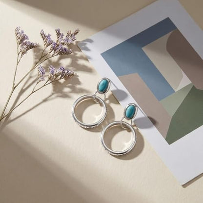 Turquoise Gemstone Stud Earrings Featuring Antique Silver Tone Engraved Hoop Style Turquoise Jewelry Dangle Accents With Oval Stones For Women Bohemian Fashion Daily Party Gifts