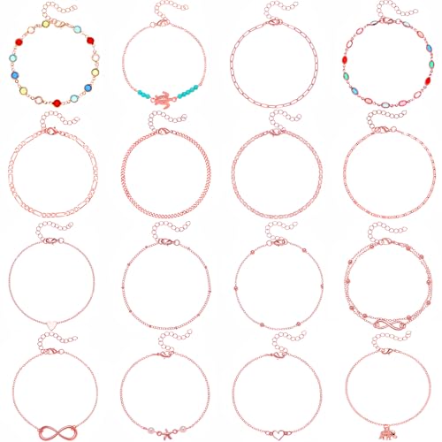 Starain 12Pcs Summer Beach Anklets for Women Waterproof Gold Silver Chain Ankle Bracelets Cute Women's Foot Anklet Set 7.9-10.5 inch Adjustable - color: 16Pcs Rose Ankle Bracelet