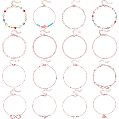 Starain 12Pcs Summer Beach Anklets for Women Waterproof Gold Silver Chain Ankle Bracelets Cute Women's Foot Anklet Set 7.9-10.5 inch Adjustable - color: 16Pcs Rose Ankle Bracelet