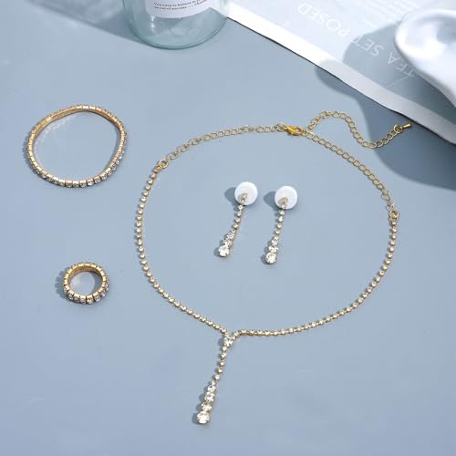 NEWITIN 15 Pieces Gold Jewelry Set for Women Wedding Costume Accessories | Hypoallergenic, Cubic Zirconia, CZ Necklaces Earrings Bracelets Ring, Crystal Jewelry for Wedding Bride Bridesmaid Party Prom - color: Elegant