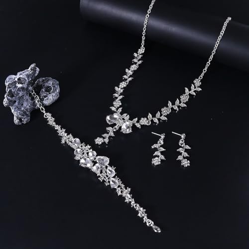 CSIYANJRY99 Silver Prom Jewelry Set Gold Wedding Jewelry Sets for Brides Necklace and Earring Bracelet Rhinestone Prom Party Costume Accessorie - color: A-Silver