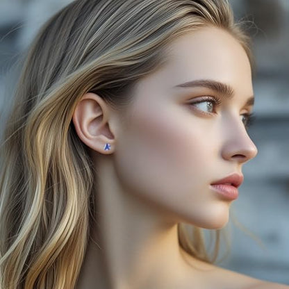 12 Pairs Surgical Stainless Steel Stud Earring Round Heart Star Square Cubic Zirconia Birthstone Stud Earrings Set for Women - color: Silver star 3mm