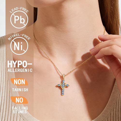 Cross Necklace for Women, Silver Cross Pendant Necklaces | 14K Gold Plated, Dainty CZ Cross Necklace, Non Tarnish and Hypoallergenic Jewelry for Women, Christian Religious Faith Gifts - color: B-Blue-Gold