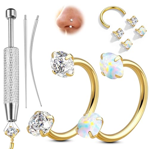 ORAZIO 18G Horseshoe Nose Rings for Women Men Double Gem Horse Shoe Nose Ring Hoops Surgical Steel Silver Gold Cartilage Helix Tragus Daith Earrings Labret Lip Piercing Jewelry Cute Small Septum Rings - color: Gold-Opal
