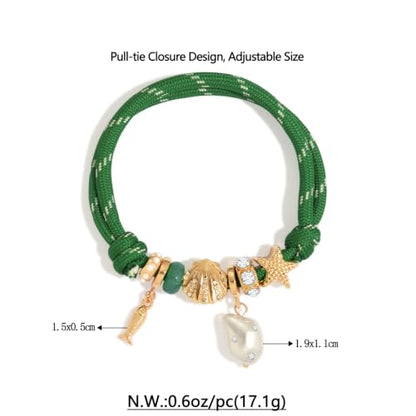 Paracord Charm Bracelets for Women | Handmade, Charm Bracelet, Adjustable Braided Rope, Cute Summer Beach Jewelry - style: Pearl