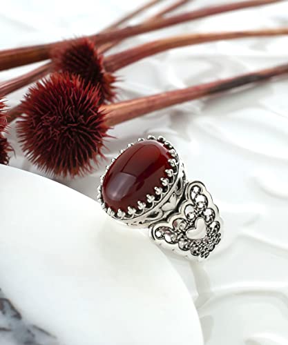 Filigranist 925 Sterling Silver Handcrafted Filigre Art Double Heart Detailed Women Cocktail Ring with Gemstones - color: Carnelian
