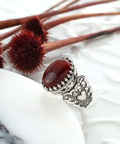 Filigranist 925 Sterling Silver Handcrafted Filigre Art Double Heart Detailed Women Cocktail Ring with Gemstones - color: Carnelian