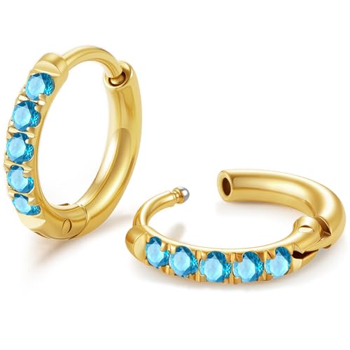 Hypoallergenic Unisex Surgical Steel Small Cubic Zirconia Huggie Hoop Earring, Color Gold - Silver - Rose Gold - Black - Rainbow, Size 6mm- 12mm Safe for Sensitive Ear - style: P07 : 8mm - gold - blue cz