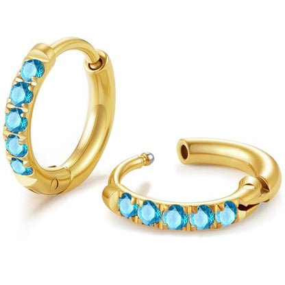 Hypoallergenic Unisex Surgical Steel Small Cubic Zirconia Huggie Hoop Earring, Color Gold - Silver - Rose Gold - Black - Rainbow, Size 6mm- 12mm Safe for Sensitive Ear - style: P07 : 8mm - gold - blue cz